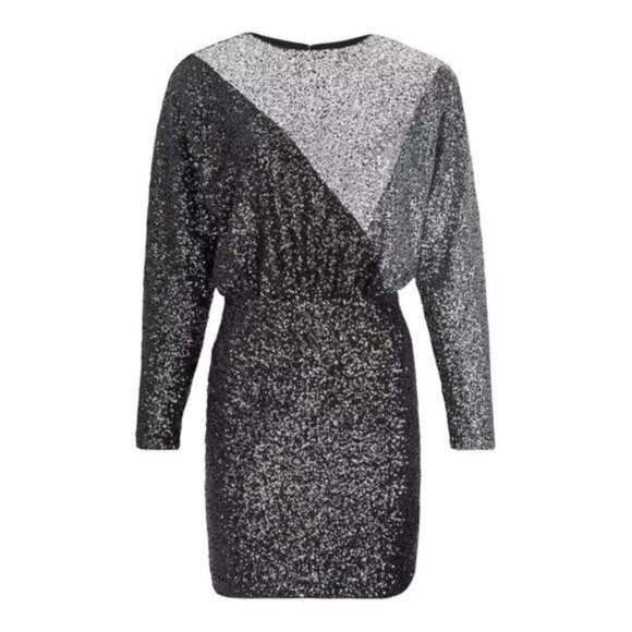 Express Women XS Colorblock Long Sleeves Black Silver Sequin Cocktail Mini Dress - Picture 10 of 11